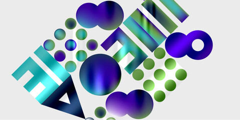 Abstract composition features geometric shapes, circles, rectangles. Blue, green hues dominate light gray background. Modern design elements present.