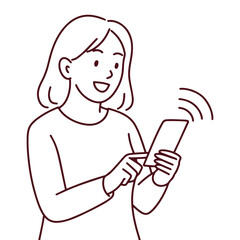 Black and white line illustration of woman smiling and using mobile phone. Outline of modern technology use by female character