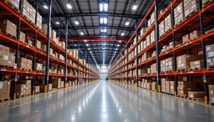 Fototapeta premium Bright interior of a massive distribution warehouse with high shelves, LED lighting, and automated future ready production lines.