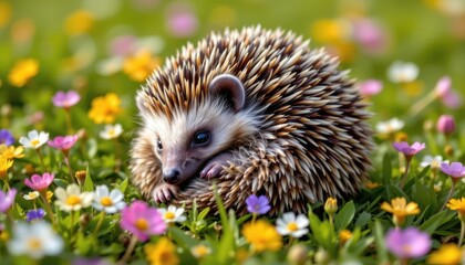 Fototapeta premium A fluffy hedgehog curled into a ball, tiny flowers blooming around it in a vibrant meadow