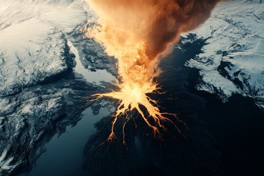 Volcanic eruption on snowy landscape.  Vast plumes of orange smoke billow from a central magma vent, illuminating a dark, intricate volcanic caldera system.  Frozen landscapes surround the active - Powered by Adobe