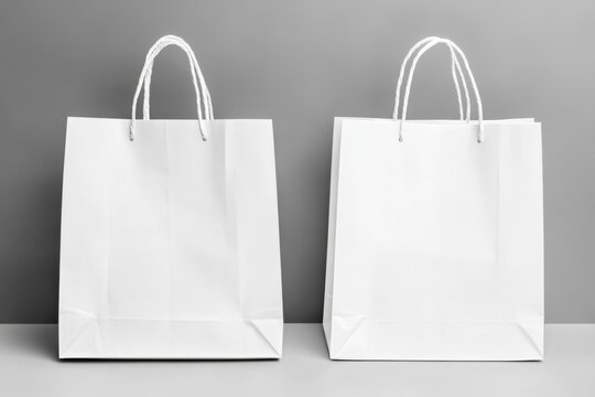 Two identical blank white paper shopping bags against a gray background