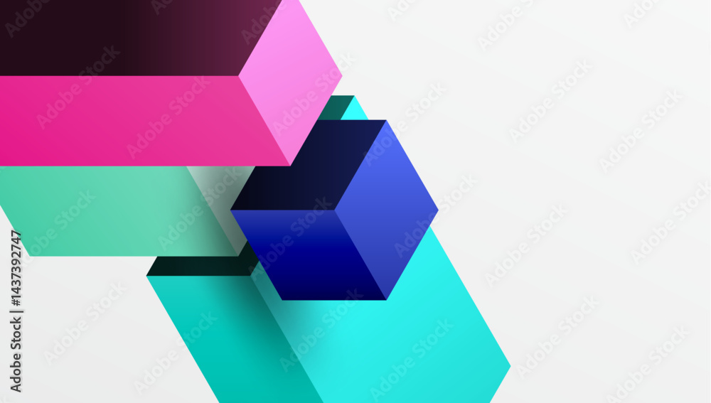 Fototapete Abstract geometric composition. Overlapping colorful cubes create dynamic visual effect. Modern design, clean lines, bright hues.