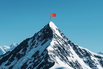 Snow-capped mountain peak with a red flag waving at the summit.