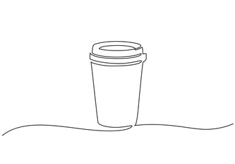 Cup of coffee take away one line continuous. Line art, isolated on white background.