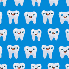 Seamless pattern with cute teeth on a blue background, vector.
