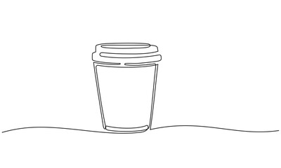 Cup of coffee take away one line continuous. Line art, isolated on white background.