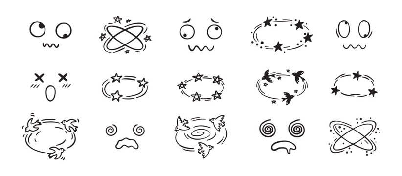 Dizzy effect drawing hand drawn doodle cartoon set. dizzy faces, birds and stars overhead emotions drawing.