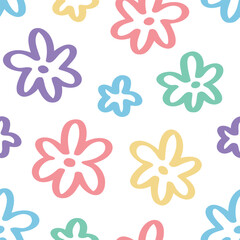 Flower doodle seamless pattern hand drawn colorful. Summer floral cute print cartoon flowers. Natural vector background. Trendy kids endless pattern
