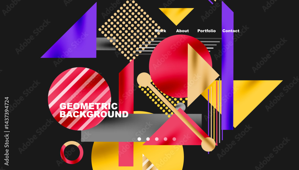 Poster Abstract geometric composition. Vivid colors, shapes overlap creating dynamic visual experience. Modern design elements present.