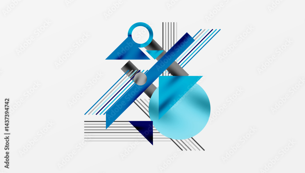 Fototapete Abstract geometric composition. Blue shapes overlap, creating dynamic visual effect. Lines, circles, triangles dominate design.