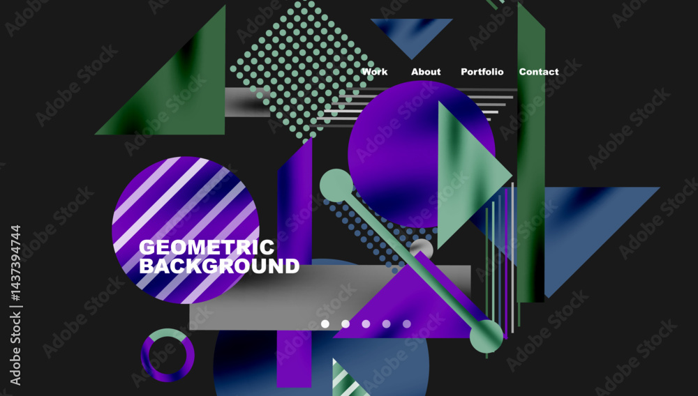 Fototapete abstract geometric composition. purple, green gradients dominate dark background. modern design elem