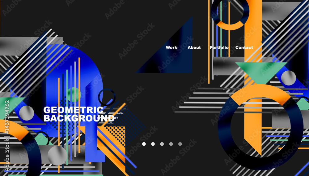 Poster Abstract geometric design. Bold colors, lines, shapes create dynamic visual experience. Modern aesthetic, website mockup elements present.