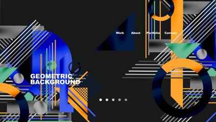 Obraz premium Abstract geometric design. Bold colors, lines, shapes create dynamic visual experience. Modern aesthetic, website mockup elements present.
