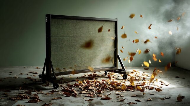 An object with a grid like pattern is on wheels. Dry foliage lies on the surface. Airborne, floating pieces of foliage are present near smoke.