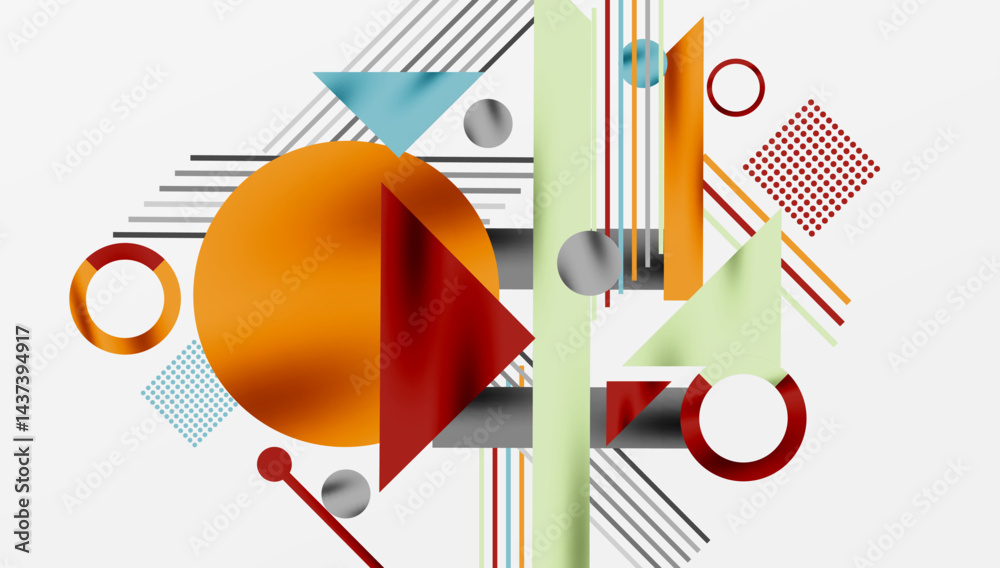 Aufkleber Abstract geometric composition. Shapes overlap, creating dynamic visual interest. Colors include orange, red, blue, gray, green.
