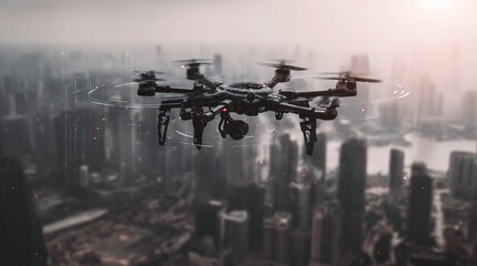 Aerial View of Drone Flying Over Modern Cityscape at Dusk