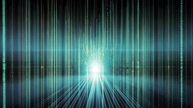 Seamless blending of binary code into a pixelated background creates a futuristic digital landscape, evoking a sense of depth and technological advancement