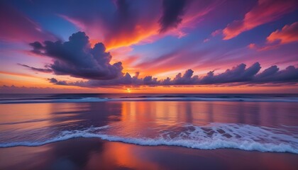 Vibrant sunset paints the sky and reflects on calm ocean waves near the shore.