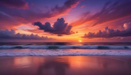Obraz premium A breathtaking sunset casts vibrant colors over the beach, illuminating the ocean.