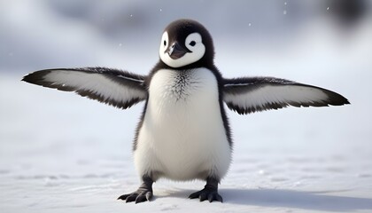 Fototapeta premium A charming penguin chick spreads its wings wide, posing on a snowy backdrop with a playful expression.