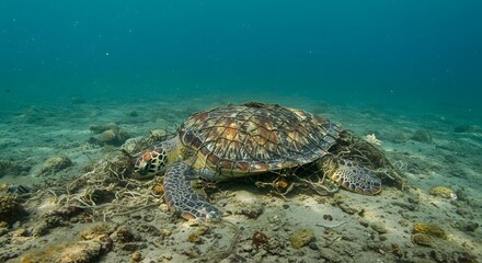 Sea turtle entangled in plastic ocean pollution underwater marine life conservation awareness campaign