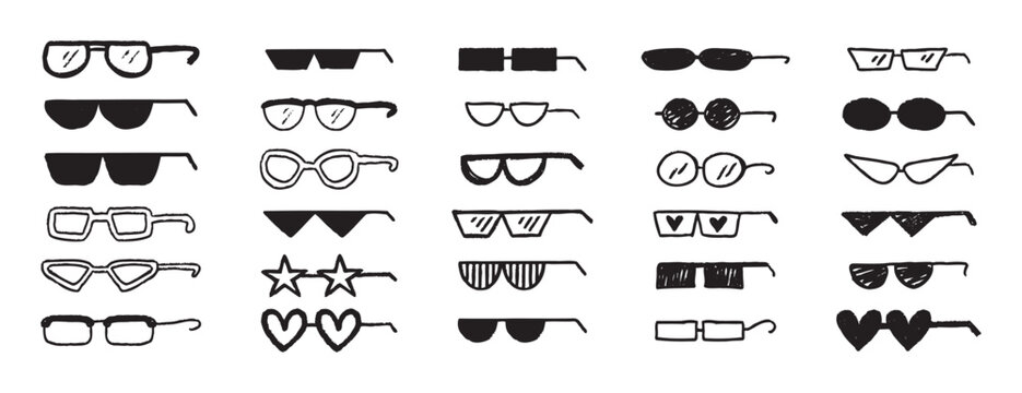 Thug glasses. Cool glasses graffiti grunge black sunglasses set, brush scribble hand drawn doodle elements