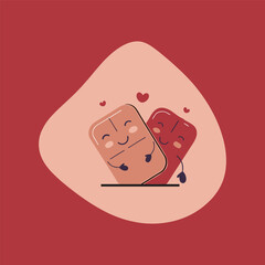 Cute cartoon chocolate bars hugging each other with happy faces, minimal vector style, white background