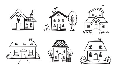 Hand drawn doodle house vector set. Cute outline houses black and white line illustration