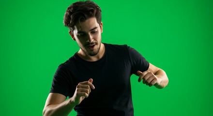 Studio Portrait:  Young Man in Black T-Shirt Against Green Screen