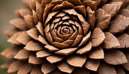 Detailed macro shot of a brown pine cone's intricate texture and spiraling form, focused.