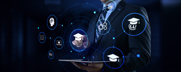 E-learning Online learning distance education concept. Businessman pressing button on screen.