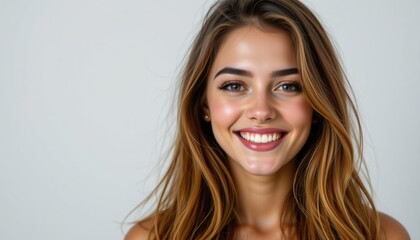 Naklejka premium Portrait of a young woman smiling warmly at the camera, set against a white background, promoting natural charm and authenticity.