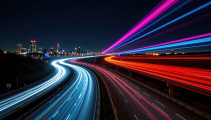 Highway at night captured with colorful light trails symbolizing fast paced digital marketing, online business speed