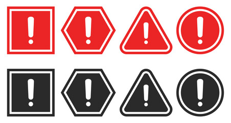 Caution warning icons set with exclamation mark isolated on white background.