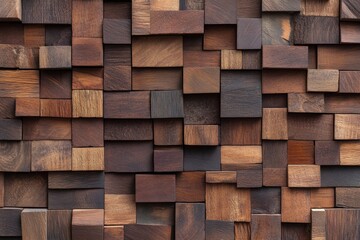 Wooden cube wall pattern.  A multitude of varying shades of brown wooden cubes create a textured wall.  The cubes are arranged in a random pattern