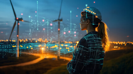 Female engineer overlooking wind turbines and cityscape with digital network overlay at dusk promoting renewable energy and technology