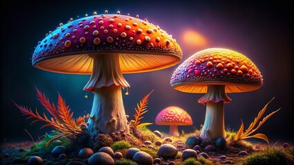 Majestic Giant Mushrooms Studio Shot - Dark Background, High Depth of Field