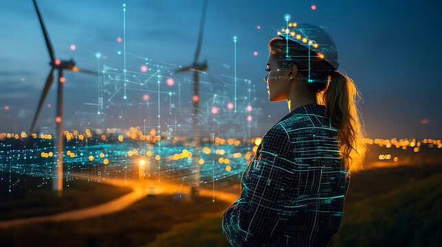 Female engineer overlooking wind turbines and cityscape with digital network overlay at dusk promoting renewable energy and technology
