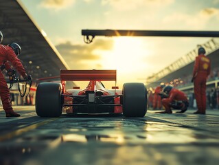 a pitstop moment in a Formula 1 race. The car is still