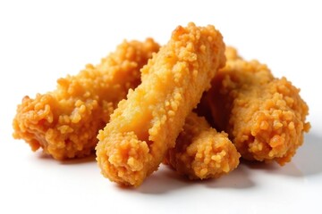 Crispy fried chicken strips isolated on white , top view, junk food