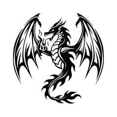 Intricate Black Dragon with Open Wings and Flames Tribal Tattoo Style