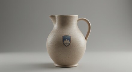 Elegant Slovenian Pottery Jug with Coat of Arms Design A Beige Ceramic Pitcher with a Unique Emblem