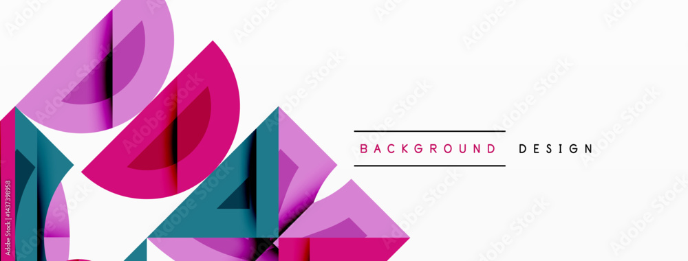 Poster Abstract geometric shapes, pinks, teals dominate composition. Minimalist design with layered elements, clean aesthetic. Background text present.