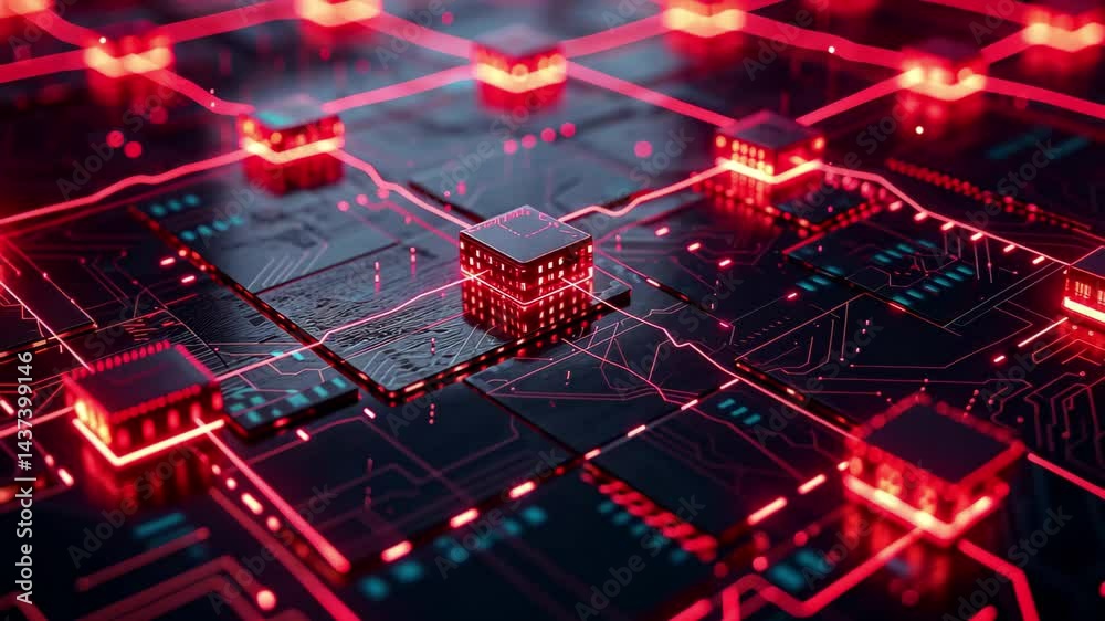 Poster closeup view of a red glowing blockchain network illustrating interconnected nodes and digital pathw