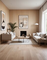 Fototapeta premium A cozy living room featuring rich wood-paneled walls, complemented by stylish white furniture, soft cushions, and a warm, inviting atmosphere.