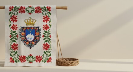 Embroidered Tapestry Featuring a Coat of Arms with Floral Border,  Elegant Home Decor, Traditional Craftsmanship