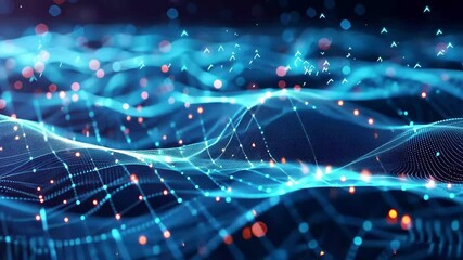 Futuristic technology wallpaper featuring glowing digital waves and interconnected data points in a vibrant blue and black setting - Powered by Adobe