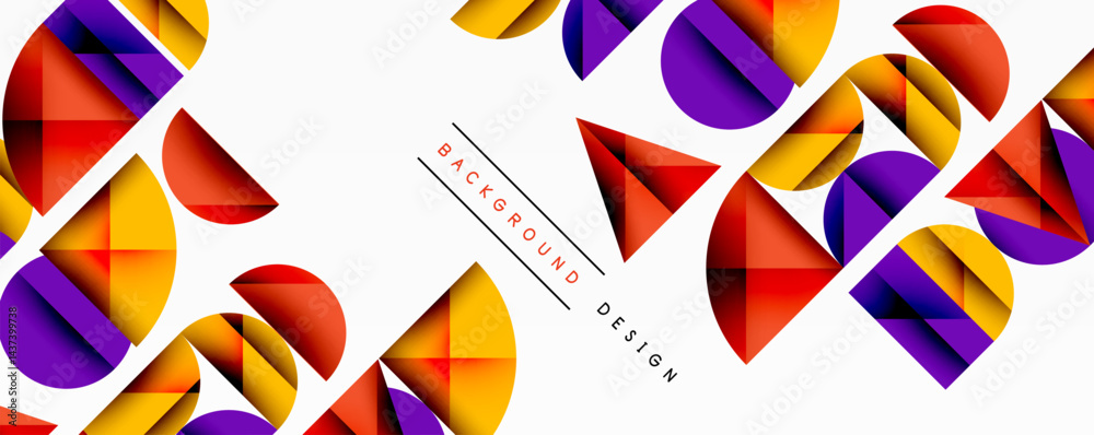 Poster abstract geometric shapes, vibrant colors, dynamic composition. circles, triangles create modern des