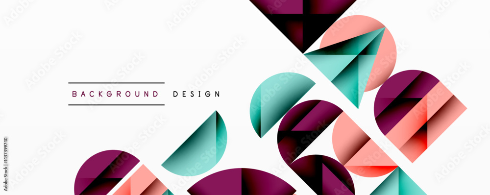Poster abstract geometric shapes overlap, creating dynamic visual composition. colors include purple, teal,
